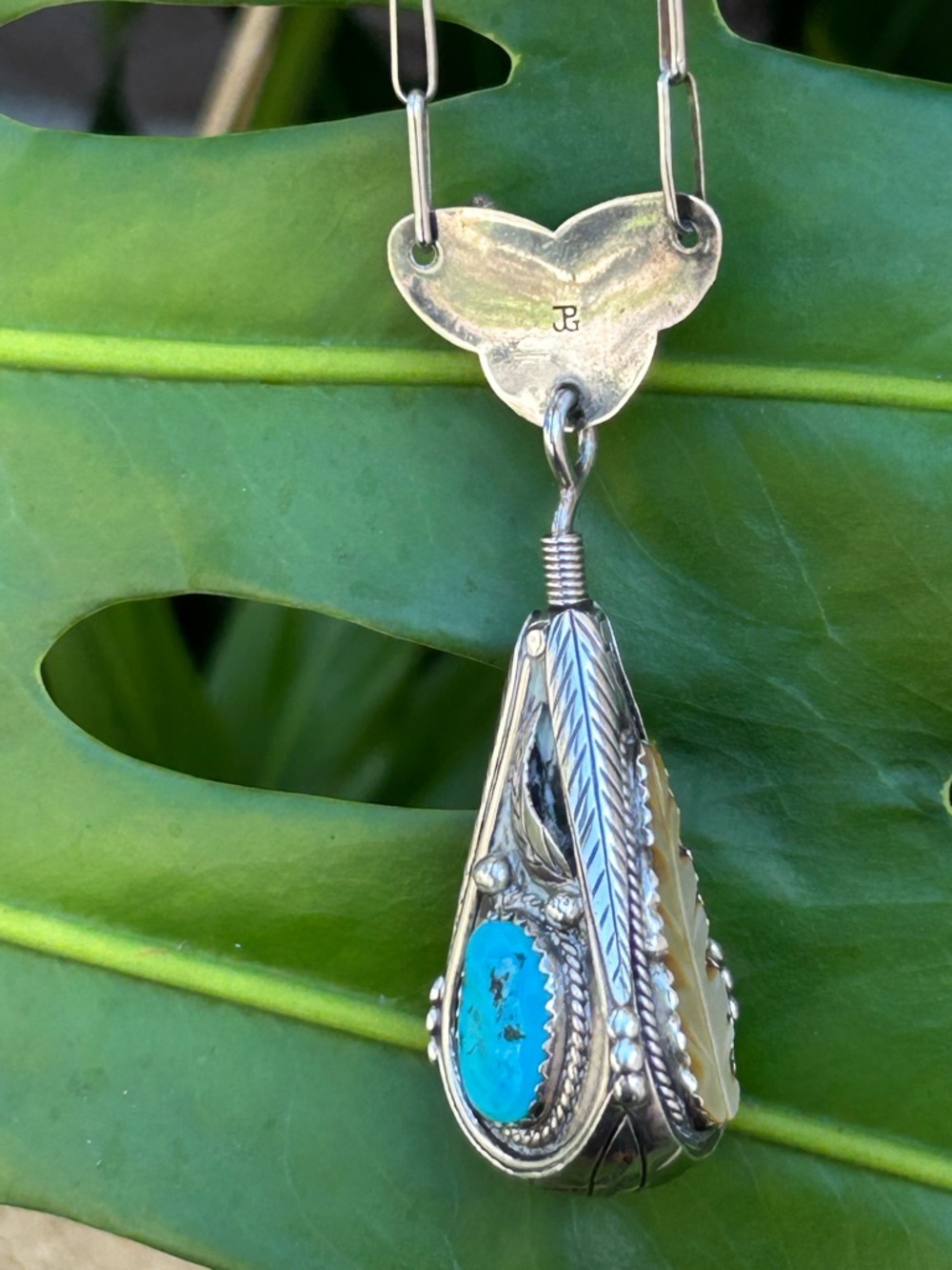 Artisan Juan Pedro Garcia sterling silver swiveling coral turquoise MOP Necklace - Picture 3 of 16
